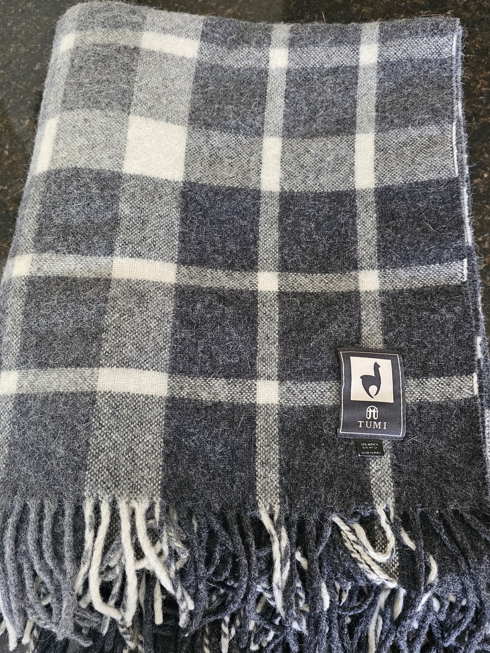 Tumi Gray and White Plaid Wool Throw with Fringe